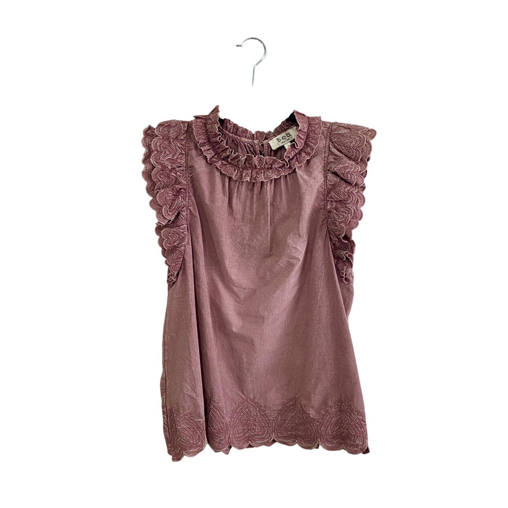 Sea New York Mauve Pink Cotton Ruffle Heart Embroidered‎ Mock Neck Top Size 2